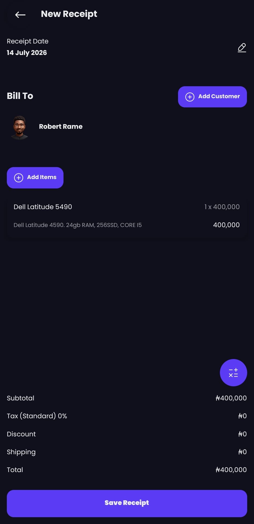 Creating a new receipt in Recido — the customer, line items and totals fill in as you tap, ready to save.