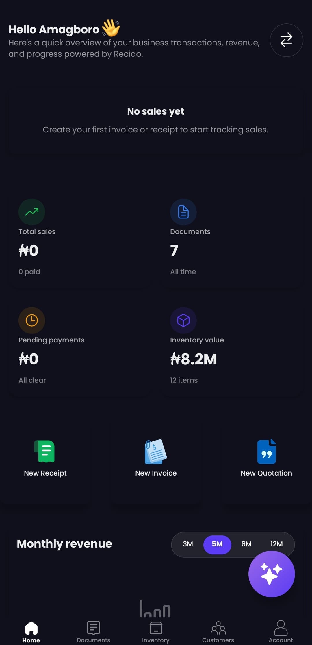The Recido home screen, showing total sales, documents, pending payments and inventory value at a glance.