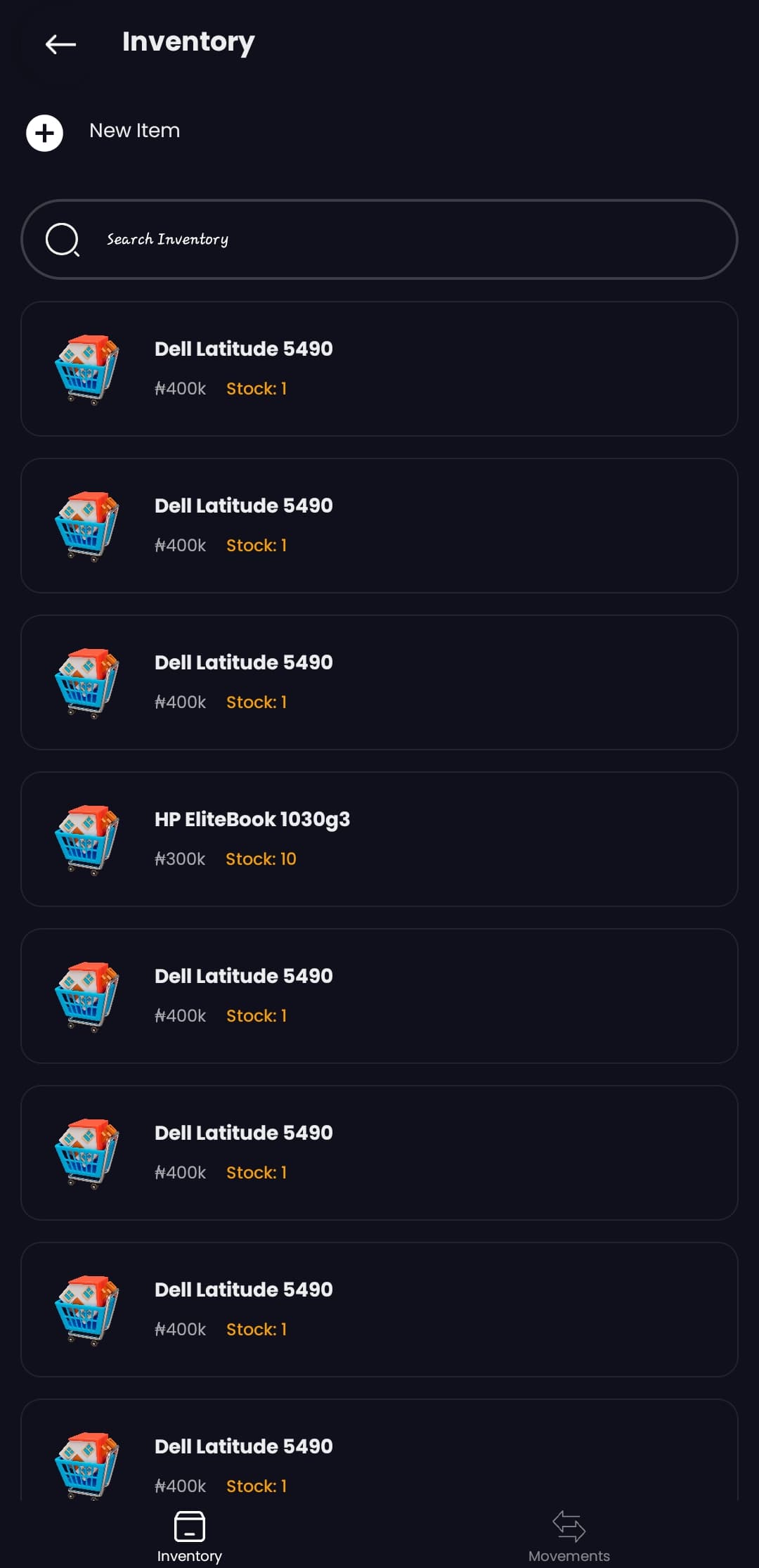Recido's inventory list — every item with its price and remaining stock, searchable, with movements a tap away.