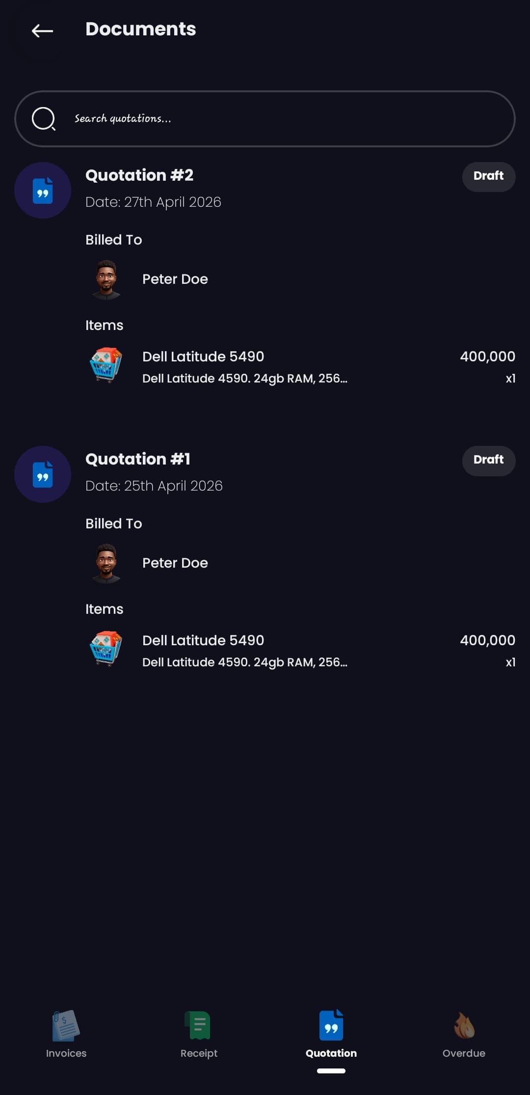 Quotations — every quote you've sent, with its customer, items and draft status.