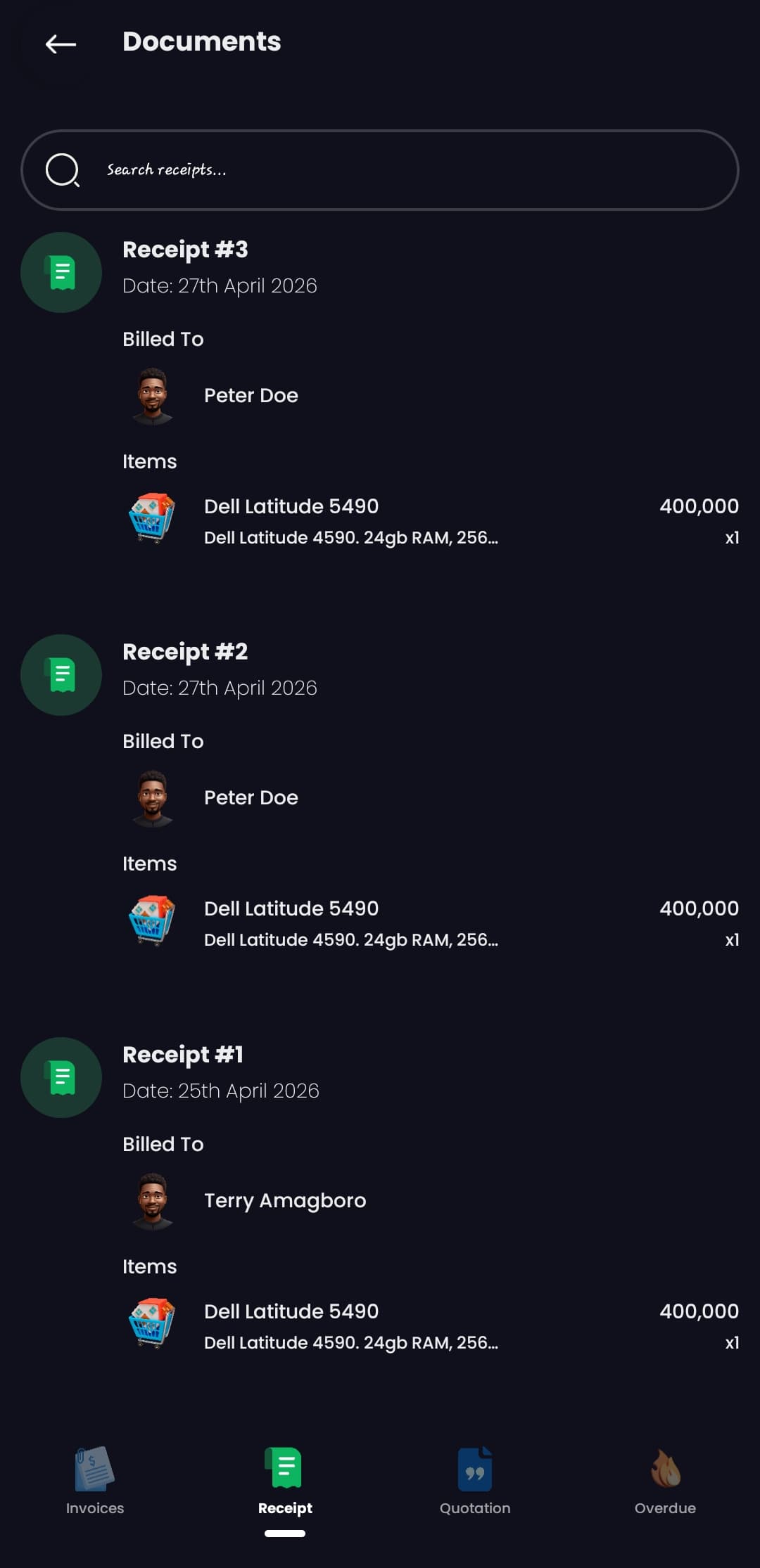 Receipts — a running log of what you've been paid, and who paid it.
