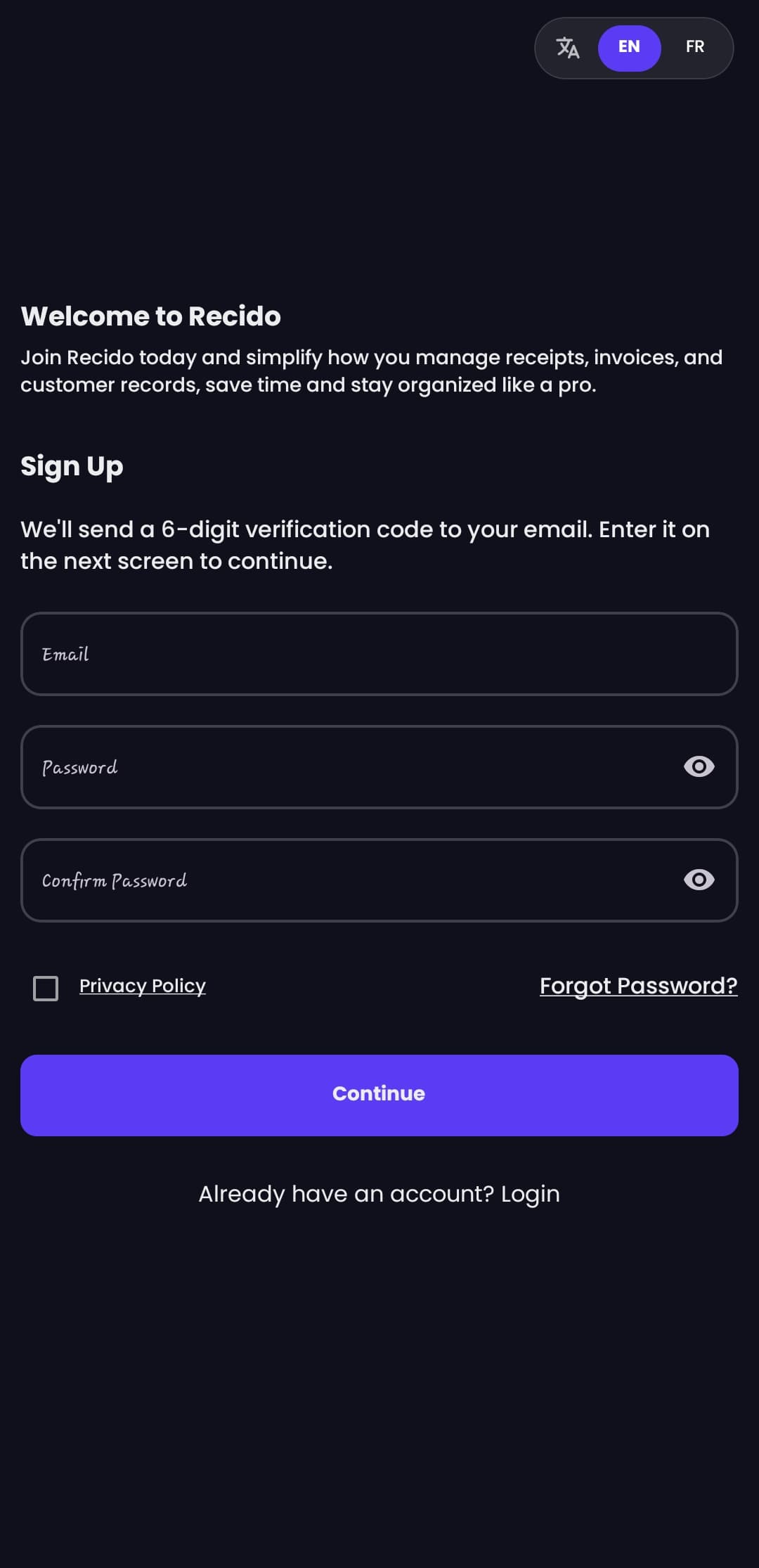 Signing up for Recido — email, password, and you're in. No onboarding wizard, no setup call.