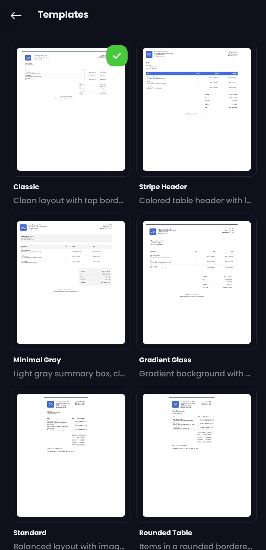 Templates — pick the document design that matches your brand.